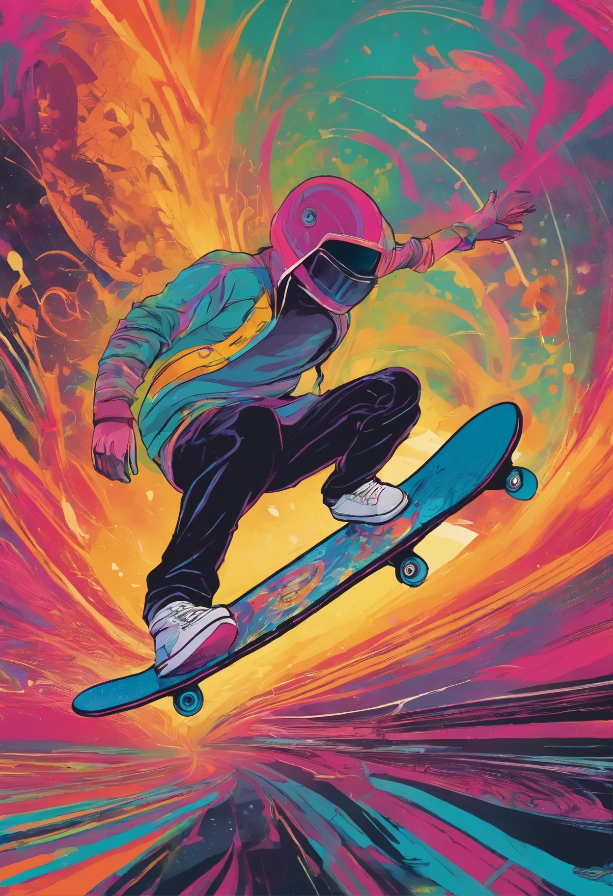 Title: "Skateboard Odyssey in Cosmic Bloom"

Description:

Step into a realm where the boundaries of space and skateboarding intertwine in this mesmerizing piece of abstract space art. Titled "Skateboard Odyssey in Cosmic Bloom," the painting is a visual feast that seamlessly blends elements of astronaut art, skateboard culture, and futuristic aesthetics.

At the center of the canvas, an astronaut-skater defies gravity with a daring leap, their legs skillfully balanced on a skateboard hovering over a dark floor adorned with a lush bed of vibrant flowers. The contrast between the astronaut's skateboarding prowess and the ethereal beauty of the cosmic flora creates a captivating visual narrative.

The scene is bathed in dramatic lighting, casting shadows that dance across the dark floor, highlighting the skater's half-body emerging from a mist of smoke and skateboard clothes. The realistic depiction of the skater is enhanced by the sharp focus on their form, showcasing intricate details such as stickers, Vans shoes, and a funky appeal that exudes street style.

Emitting diodes embedded in the skateboard illuminate the surroundings, creating a futuristic ambiance reminiscent of sci-fi classics like Blade Runner. The artist, Pascal Blanche Rutkowski, draws inspiration from hyperrealism, offering a 4K resolution feast for the eyes. The intricate details extend beyond the skater, featuring elements like a system unit, motherboard, sparks, and racks, creating a synergy between technology and the raw energy of sports.

The cosmic backdrop is punctuated by swirling smoke, enhancing the epic atmosphere of the artwork. Artillery-like elements contribute to the dynamism of the scene, as if the skater is navigating a celestial battlefield on their skateboard. The overall effect is a stunning fusion of abstract space art, sports wall art, and a futuristic dreamscape that transports the viewer into a realm where skateboarding transcends earthly boundaries.

"Skateboard Odyssey in 
