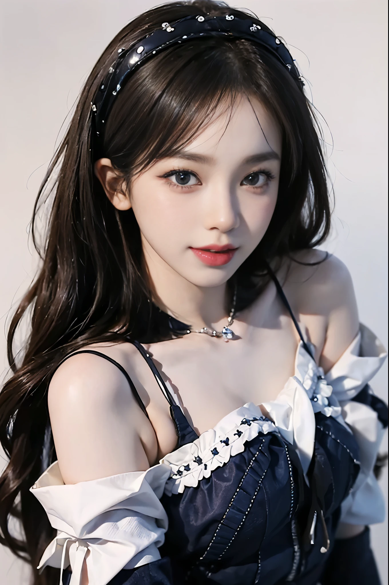 ((highest quality、8K、masterpiece:1.3))、sharp focus:1.2、(real、photorealistic:1.37)、shining smile、beautiful face woman、28 years old、pointed chest、long eyelashes、colored contact lenses、big breasts 、delicated、very detailed eyes、highly detailed eyebrows、（sharp eyebrows）、（thin eyebrows）.highly detailed face、((Brunette disheveled hair:1.3)),(8K、masterpiece、highest quality、raw photos)、Break(Navy Blue Theme:1.4), (Hairpiece:1.3), (Short Sleeves (Navy Blue Sailor Uniform Top) with Double Breasted:1.4), (Double Breasted:1.2), ((Navy Blue Ruffled Tiered Super Long Skirt:1.4), ((White Scapular, White Needles):1.3), ( Very Detailed White Embroidery:1.3), (Navy Blue Sai High Boots with Purple Lace-Ups:1.3), (Long Gloves:1.3), ((White Background:1.3))