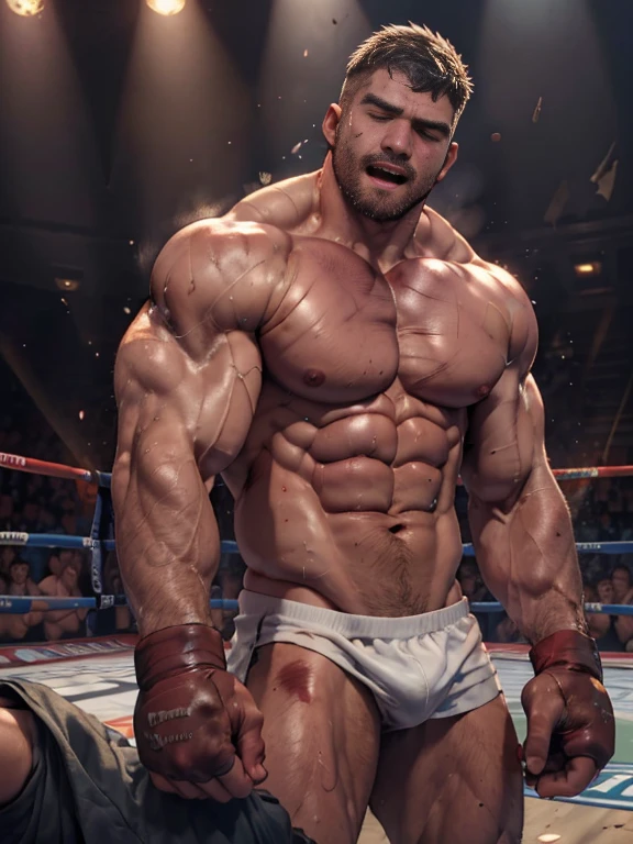 3D Photorealistic, Masterpiece realistic, best high quality, perfect details, RAW Photo, intricate details, nice lighting, 4K, detailed background, In the championship boxing match, A determined muscular boxing champion 45-year-old man, perfect wrinkle wearing pure white boxing trunk and red boxing gloves. wide abs (wide abs:1.4). His faces marked with grit and determination. Crowded audiences and nice lighting, nice face lighting, serving a boxing battleground. The banner signs overhead cast a surreal, flickering glow, adding to the atmosphere of raw energy. He looks firm in powerful boxing stances, as ready to start the fight in a next second. Unnoticed by the world beyond. It's a fight born of pride, rivalry, or perhaps a deeper conflict and pride, and it rages on with an intensity that can only be found in the unforgiving boxing stadium of the city. Intricate details, details of physic muscle, perfect body anatomy, perfect hand anatomy. hot beard, (look at viewer:1.6), (straight face:1.2), mouth open (mouth open:1.2), destroyed (destroyed:1.8), exhausted (exhausted:1.9), bruises (bruises:1.9), shirtless (shirtless:1.9), bodily fluid (bodily fluid:1.8), weaken body (weaken body:1.9), bruised body (bruised body:1.99), bruised abs (bruised abs:1.99), bloody abs (bloody abs:1.9), groaning, vomiting, puking, blook puking, blood vomiting (blood vomiting:1.8), saliva puking, saliva vomiting (saliva vomiting:1.79), enfeebled (enfeebled:1.9), powerless (powerless:1.99), run out of stamina, heavily breathing, last breathe.