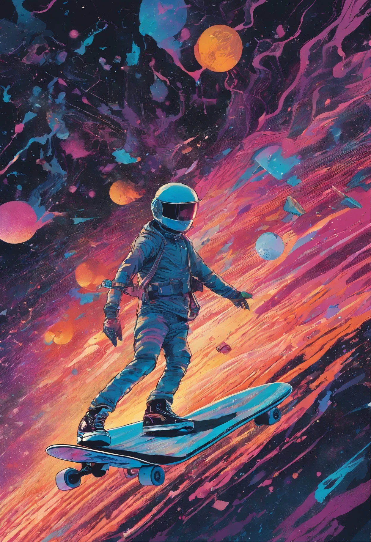 Title: "Celestial Shredder: A Symphony of Space and Skate" Description: Prepare to embark on a cosmic journey where space and skateboarding collide in the masterful creation titled "Celestial Shredder: A Symphony of Space and Skate." This opulent piece, crafted by the visionary Pascal Blanche Rutkowski, elevates the fusion of abstract space art and skateboard culture to unparalleled heights. At the heart of this cosmic tableau, an astronaut-skater becomes the protagonist of an otherworldly ballet, effortlessly navigating through the void on a skateboard that hovers above a dark floor adorned with a lush carpet of resplendent flowers. The contrast between the astronaut's gravity-defying maneuvers and the celestial blooms creates a spellbinding narrative, drawing the viewer into an immersive dreamscape. Drenched in an interplay of dynamic lighting, the skater emerges from a mist of smoke, their half-body adorned in skateboard clothes that dance with the ethereal glow. Every detail, from stickers to Vans shoes, is meticulously rendered, capturing the essence of street style with a realistic touch that resonates with authenticity. The cosmic backdrop, rendered in a hyperrealistic 4K resolution reminiscent of the finest matte paintings, envelops the skater in a symphony of colors. Emitting diodes embedded in the skateboard illuminate the scene, casting a futuristic glow that transports the observer to a realm where technology and athleticism harmonize seamlessly. The atmosphere crackles with energy as sparks fly, and the skater navigates a celestial battlefield, surrounded by elements of artillery and futuristic racks. Pascal Blanche Rutkowski's meticulous attention to detail extends beyond the skater, featuring intricate depictions of a system unit and motherboard, adding layers to the narrative and blurring the lines between human and machine. This opus in art showcases not just a skater defying gravity, but an entire universe where skateboarding becomes a cosmi