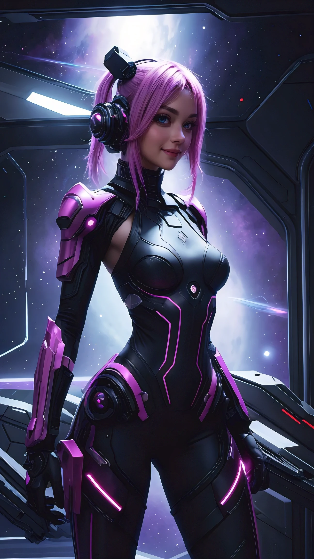 woman, perfect body, space pirate, space pirate armor, scifi, neon accents, on a spaceship, visible outerspace, standing pose, proud