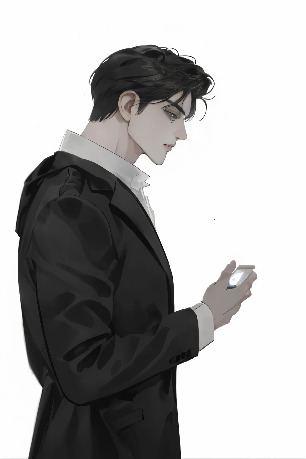 Drawing of a man in a suit looking at a phone, Handsome anime poses, Inspired by Jean Malouel, profile poses, elegant profile poses, Discreet posture, Inspiration from Zhang Han, Levi Ackerman, The delicate androgynous prince, Inspired by Joong Keun Lee, Inspired by Shinji Aramaki, Inspired by Raymond Han, Half-body picture