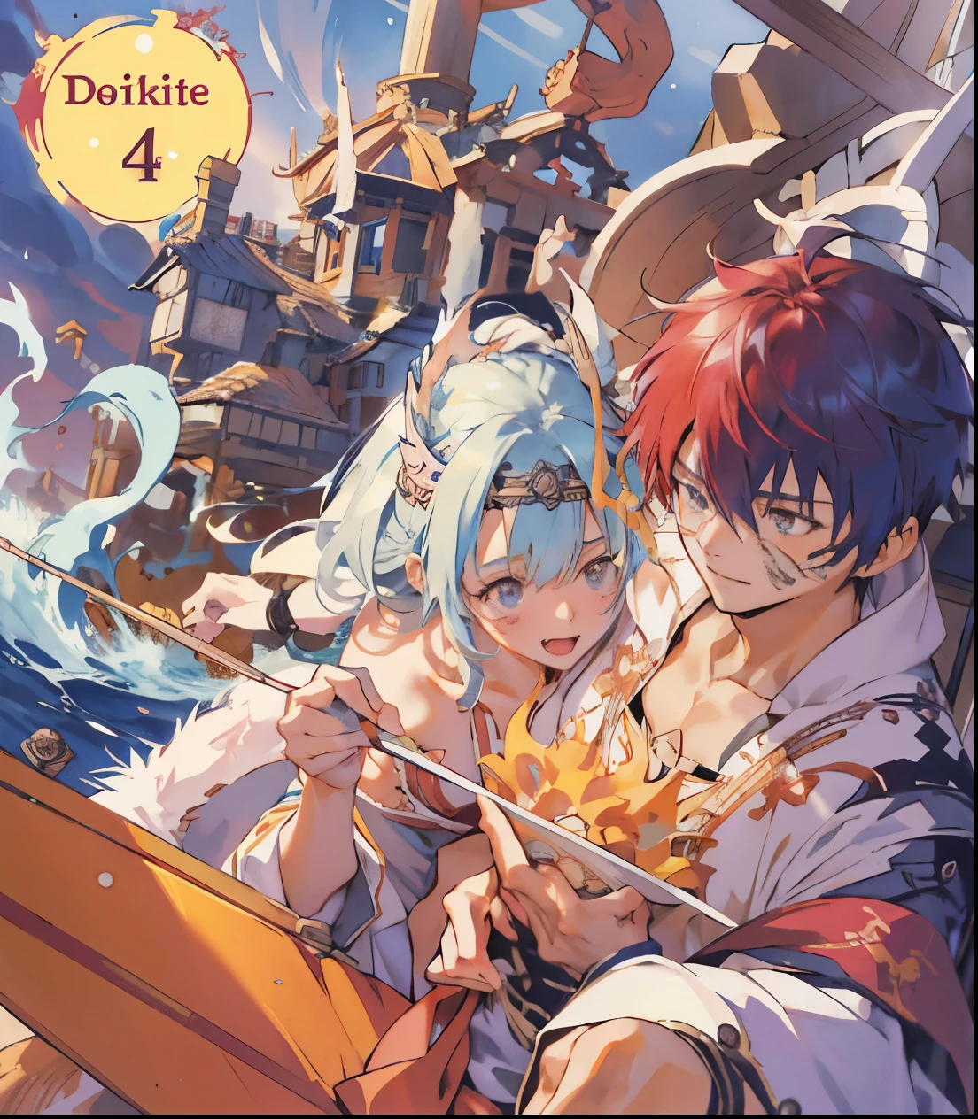 anime characters are gathered around a bunch of people on a boat, Ragnarok Online, capa de anime, isekai, tsubasa chronicles, full color manga front cover, imprensa do iene, manga front cover style, Direction: Kamisaka Sekka, colorful illustration, Mushoku Tensei, full color manga visual style, arte completa, manga front cover, light novel epic art cover, adicionar detalhes, olhos detalhados, muitos detalhes