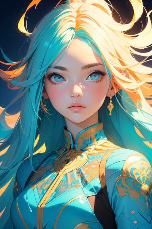 (masterpiece, best quality:1.2),(concept art、fractal art:1.5) ,(flat color:1.2),(2D:1.3),(fluorescence colour:1.5,colorful:1.2),fluorescence multicolored hair、looking at viewer,1girl,beautiful face,Gentle face,solo,upper body,floating colorful fluorescent lines,vivid color、fractal art、Symmetrical
