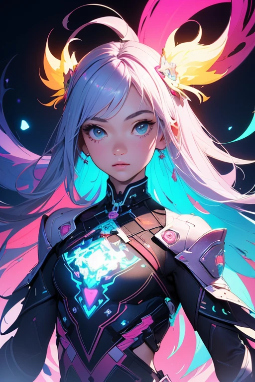 (masterpiece, best quality:1.2),(concept art、fractal art:1.5) ,(flat color:1.2),(2D:1.3),(fluorescence colour:1.5,colorful:1.2),fluorescence multicolored hair、looking at viewer,1girl,beautiful face,Gentle face,solo,upper body,floating colorful fluorescent lines,vivid color、fractal art、Symmetrical
