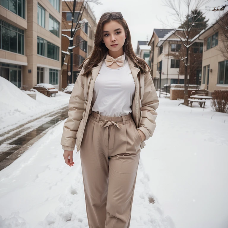 beautiful young girl with brown hair, 20 years old, delicate makeup, slim figure, large covered breasts, perfect figure, white T-shirt with a bow tie, winter jacket, long pants. warm shoes, beautiful snowy day