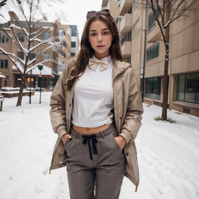 beautiful young girl with brown hair, 20 years old, delicate makeup, slim figure, large covered breasts, perfect figure, white T-shirt with a bow tie, winter jacket, long pants. warm shoes, beautiful snowy day