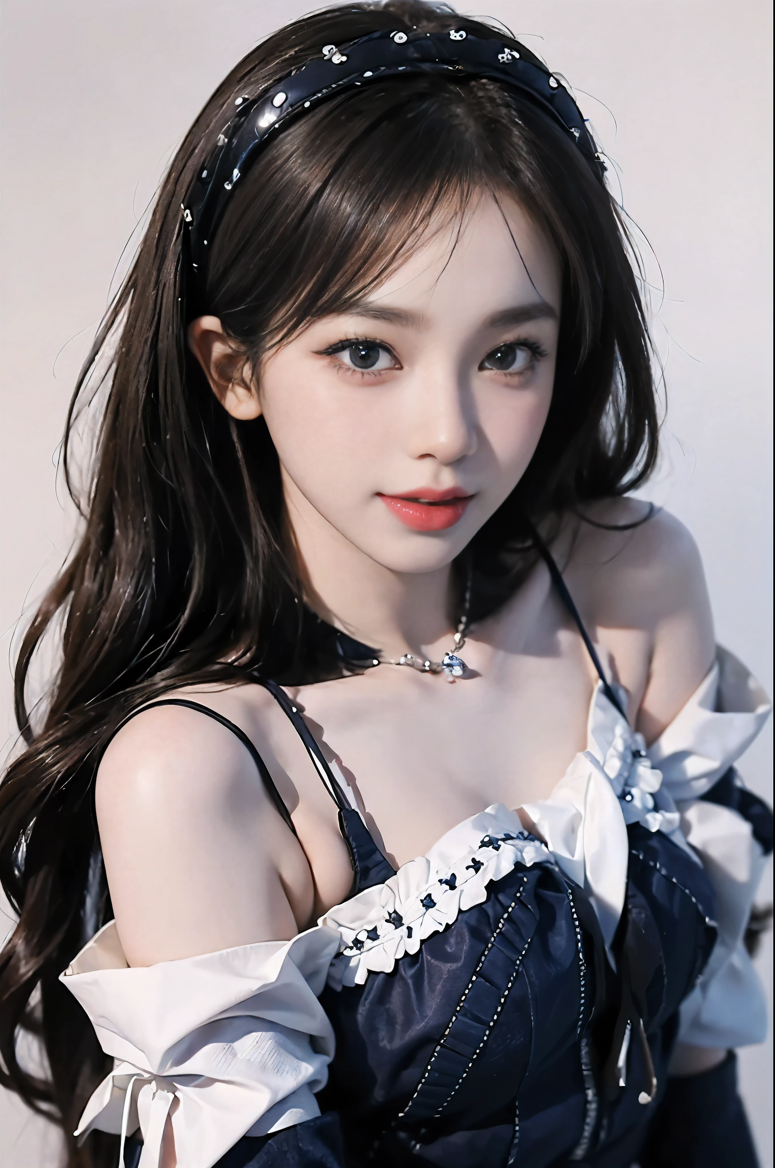((highest quality、8K、masterpiece:1.3))、sharp focus:1.2、(genuine、photogenuineistic:1.37)、Shining Smile、beautiful face woman、28 years old、pointed chest、long eyelashes、color contact lenses、big breasts 、Delicate、very fine eyes、highly detailed eyebrows、(sharp eyebrows)、(thin eyebrows).highly detailed face、((brunette tousled hair:1.3)),(8K、masterpiece、highest quality、RAW photo)、break(Navy Blue theme:1.4), (hairpiece:1.3), (short sleeve (Navy blue sailor suit jacket) with double breasted:1.4), (double breasted:1.2), ((Navy blue ruffle tiered super long skirt:1.4), ((white shoulder blade, white needle):1.3), ( highly detailed white embroidery:1.3), (Navy blue Sai-high boots with purple lace-ups:1.3), (long gloves:1.3), ((white background:1.3))