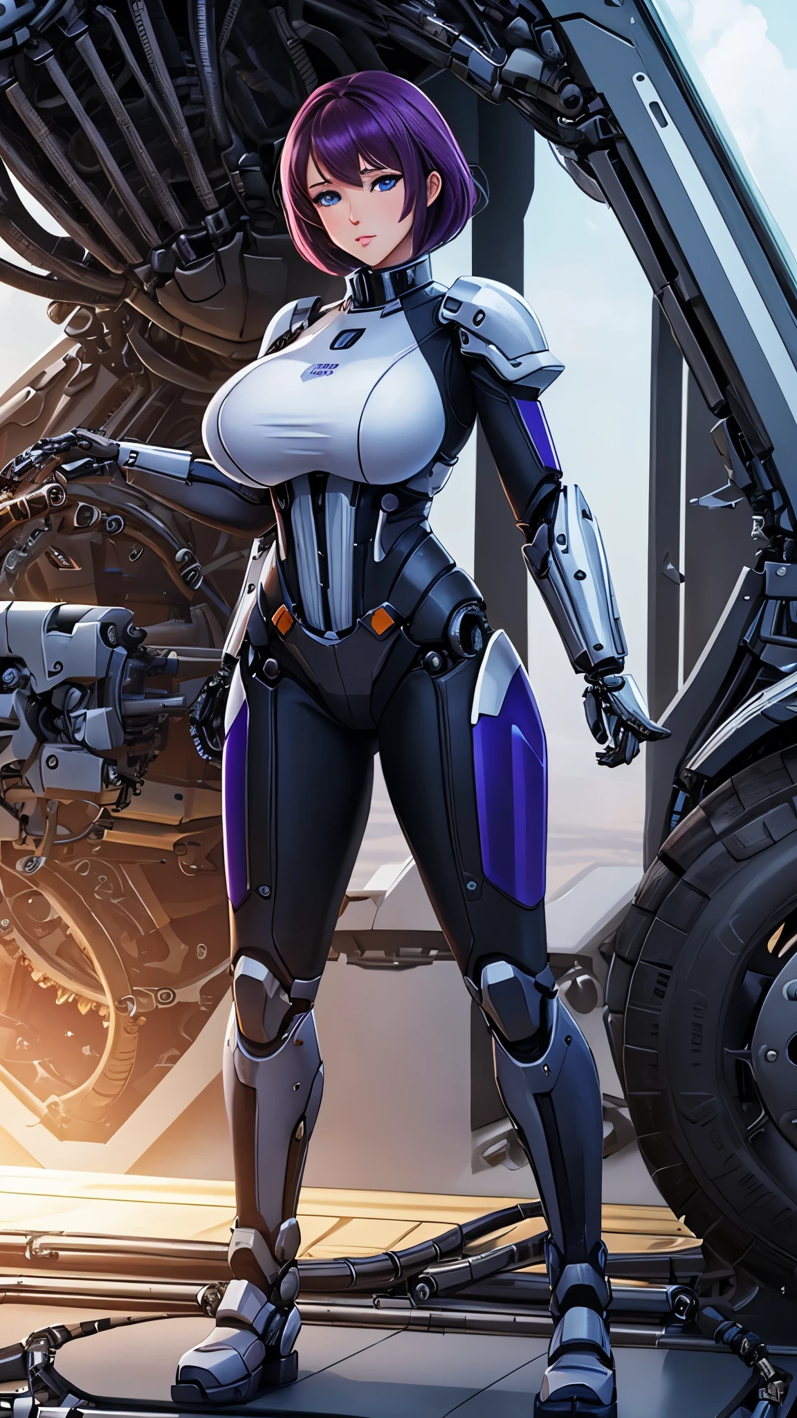 (full body photo:2), (one/woman/mechanic:1.8), (extremely large breasts:1.8), (all mechanical body:2), (with bionic armor:1.5), white with black gears, (she is inside a spaceship near the window seeing outer space:1.5), (she has very short purple straight hair:1.2), (blue eyes:1.2), (moaning:1.5), (blush:1.5), (is doing sensual poses standing up for the viewer:1.5),    anime style, Anime, 16k, high quality, textured skin, UHD, award-winning