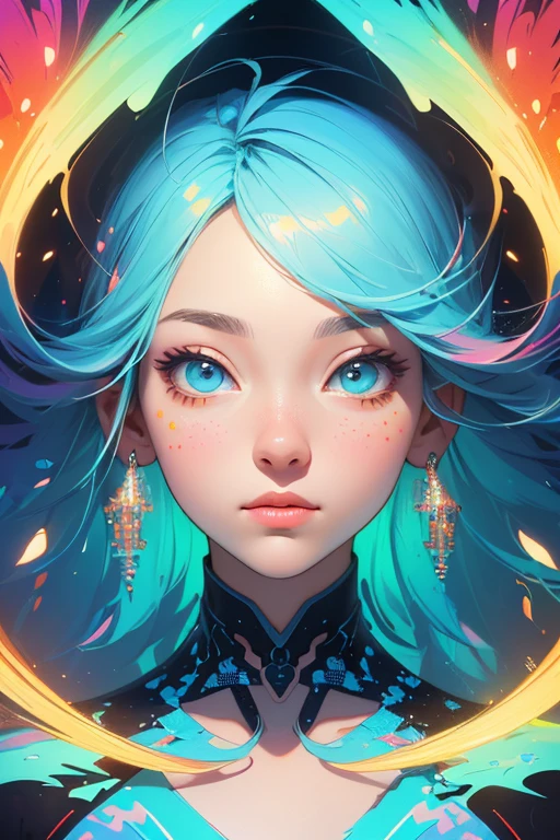 (masterpiece, best quality:1.2),(concept art、fractal art:1.5) ,(flat color:1.2),(2D:1.3),(fluorescence colour:1.5,colorful:1.2),fluorescence multicolored hair、looking at viewer,1girl,beautiful face,Gentle face,solo,upper body,floating colorful fluorescent lines,vivid color、fractal art、Symmetrical
