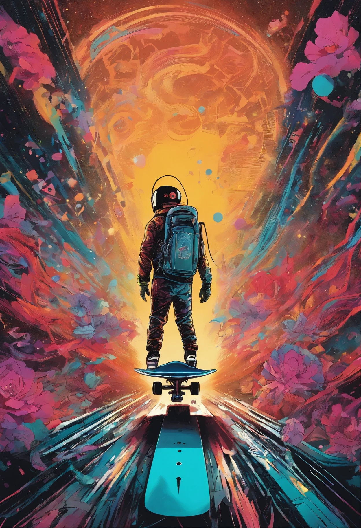 Title: "Skateboard Odyssey in Cosmic Bloom"
Description:
Step into a realm where the boundaries of space and skateboarding intertwine in this mesmerizing piece of abstract space art. Titled "Skateboard Odyssey in Cosmic Bloom," the painting is a visual feast that seamlessly blends elements of astronaut art, skateboard culture, and futuristic aesthetics.
At the center of the canvas, an astronaut-skater defies gravity with a daring leap, their legs skillfully balanced on a skateboard hovering over a dark floor adorned with a lush bed of vibrant flowers. The contrast between the astronaut's skateboarding prowess and the ethereal beauty of the cosmic flora creates a captivating visual narrative.
The scene is bathed in dramatic lighting, casting shadows that dance across the dark floor, highlighting the skater's half-body emerging from a mist of smoke and skateboard clothes. The realistic depiction of the skater is enhanced by the sharp focus on their form, showcasing intricate details such as stickers, Vans shoes, and a funky appeal that exudes street style.
Emitting diodes embedded in the skateboard illuminate the surroundings, creating a futuristic ambiance reminiscent of sci-fi classics like Blade Runner. The artist, Pascal Blanche Rutkowski, draws inspiration from hyperrealism, offering a 4K resolution feast for the eyes. The intricate details extend beyond the skater, featuring elements like a system unit, motherboard, sparks, and racks, creating a synergy between technology and the raw energy of sports.
The cosmic backdrop is punctuated by swirling smoke, enhancing the epic atmosphere of the artwork. Artillery-like elements contribute to the dynamism of the scene, as if the skater is navigating a celestial battlefield on their skateboard. The overall effect is a stunning fusion of abstract space art, sports wall art, and a futuristic dreamscape that transports the viewer into a realm where skateboarding transcends earthly boundaries.
"Skateboard Odyssey in
