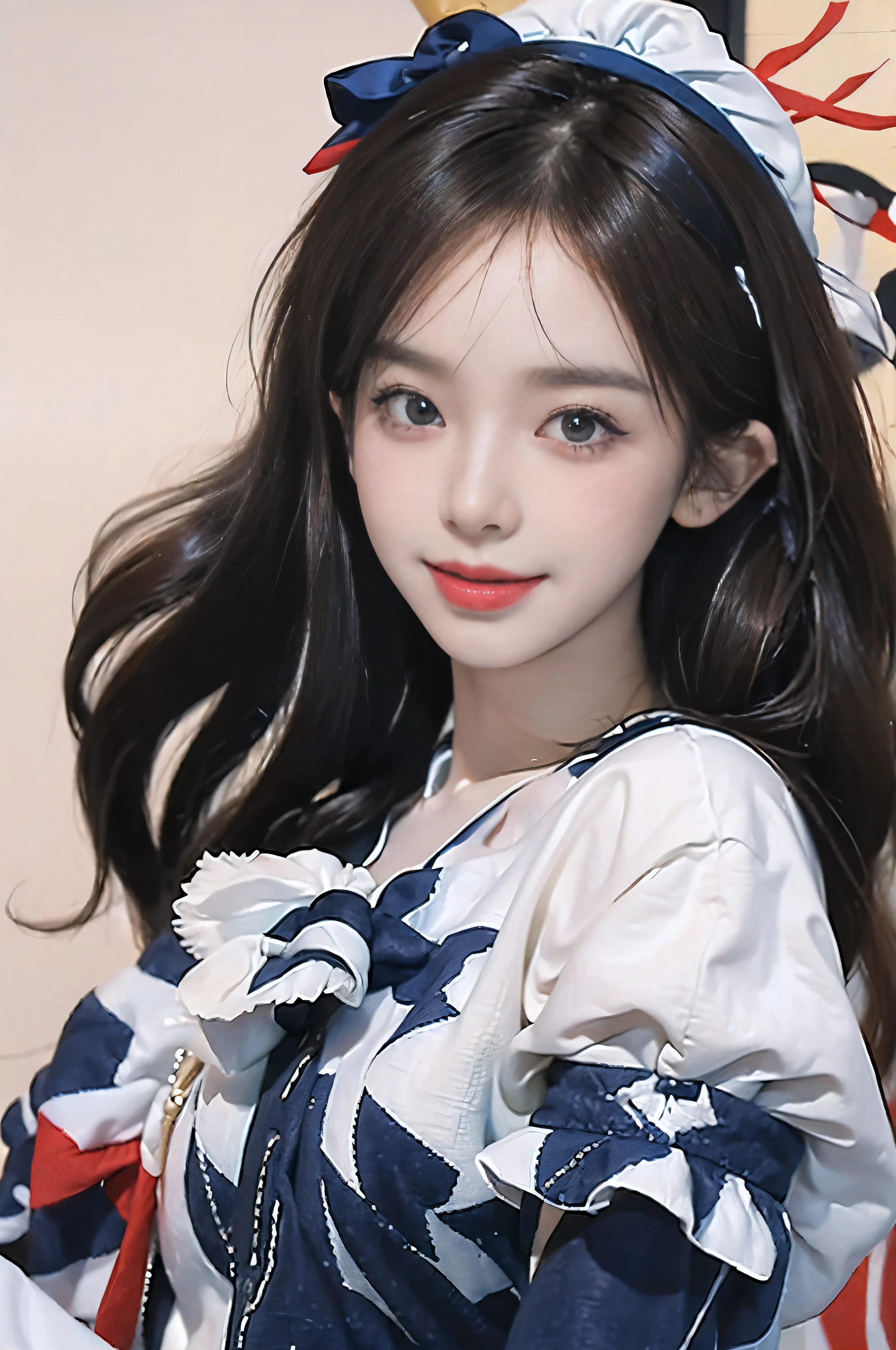 ((highest quality、8K、masterpiece:1.3))、sharp focus:1.2、(genuine、photogenuineistic:1.37)、(Shining Smile:1.2)、beautiful face woman、28 years old、pointed chest、long eyelashes、color contact lenses、big breasts 、Delicate、very fine eyes、highly detailed eyebrows、(sharp eyebrows)、(thin eyebrows).highly detailed face、(Brunette disheveled hair:1.3),(8K、masterpiece、highest quality、RAW photo)、break(Navy Blue theme:1.4), (hairpiece:1.3), (short sleeve (Navy blue sailor suit jacket) with double breasted:1.4), (double breasted:1.2), ((Navy blue ruffle tiered super long skirt:1.4), ((white shoulder blade, white needle):1.3), ( highly detailed white embroidery:1.3), (Navy blue Sai-high boots with purple lace-ups:1.3), (long gloves:1.3), ((white background:1.3))
