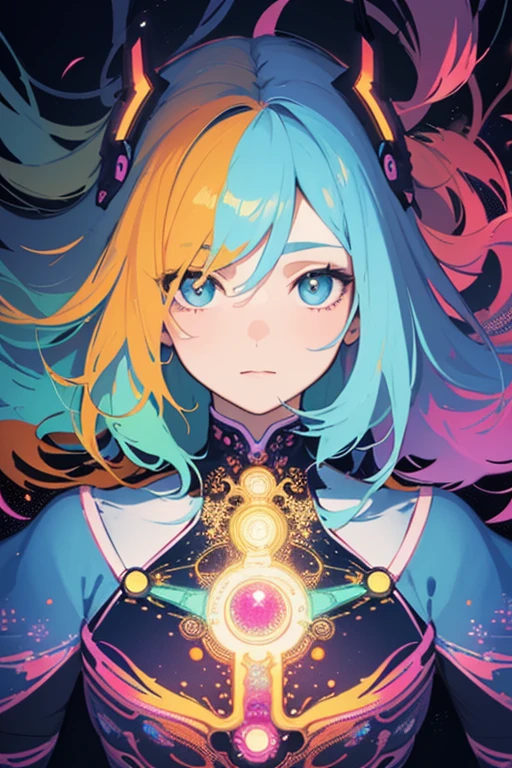(masterpiece, best quality:1.2),(concept art、fractal art:1.5) ,(flat color:1.2),(2D:1.3),(fluorescence colour:1.5,colorful:1.2),fluorescence multicolored hair、looking at viewer,1girl,beautiful face,Gentle face,solo,upper body,floating colorful fluorescent lines,vivid color、fractal art、Symmetrical
