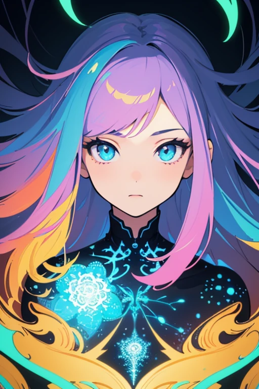 (masterpiece, best quality:1.2),(concept art、fractal art:1.5) ,(flat color:1.2),(2D:1.3),(fluorescence colour:1.5,colorful:1.2),fluorescence multicolored hair、looking at viewer,1girl,beautiful face,Gentle face,solo,upper body,floating colorful fluorescent lines,vivid color、fractal art、Symmetrical
