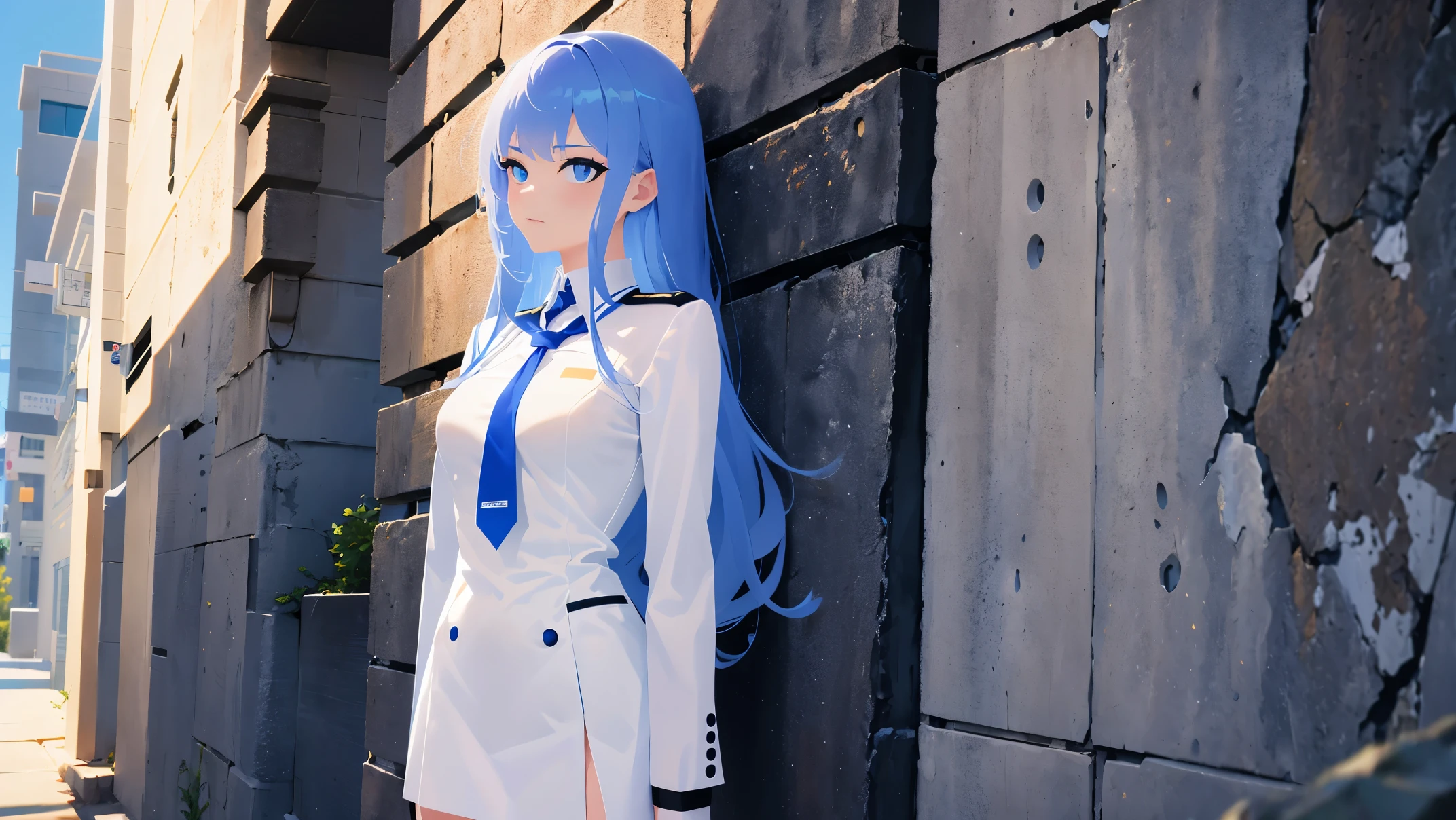 Woman in school uniform posing against stone wall, white high school,Complex body, blue hair and perfect body, Beautiful and delicate body and face,blue eyes