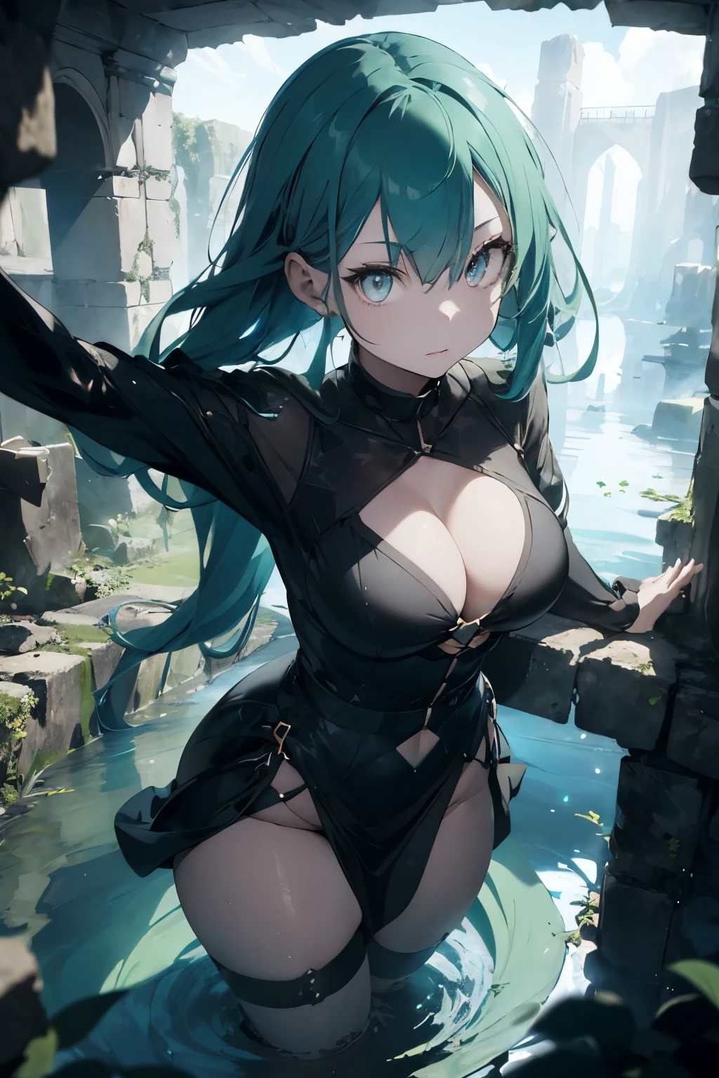 1girl, long blue green hair, pink eyes(glowing), thick figure, voluptuous, pale skin(extreme), black dress, chiaroscuro, stone ruins,  cosmic, Galaxy in water, from above, 8k, absurdres, best quality