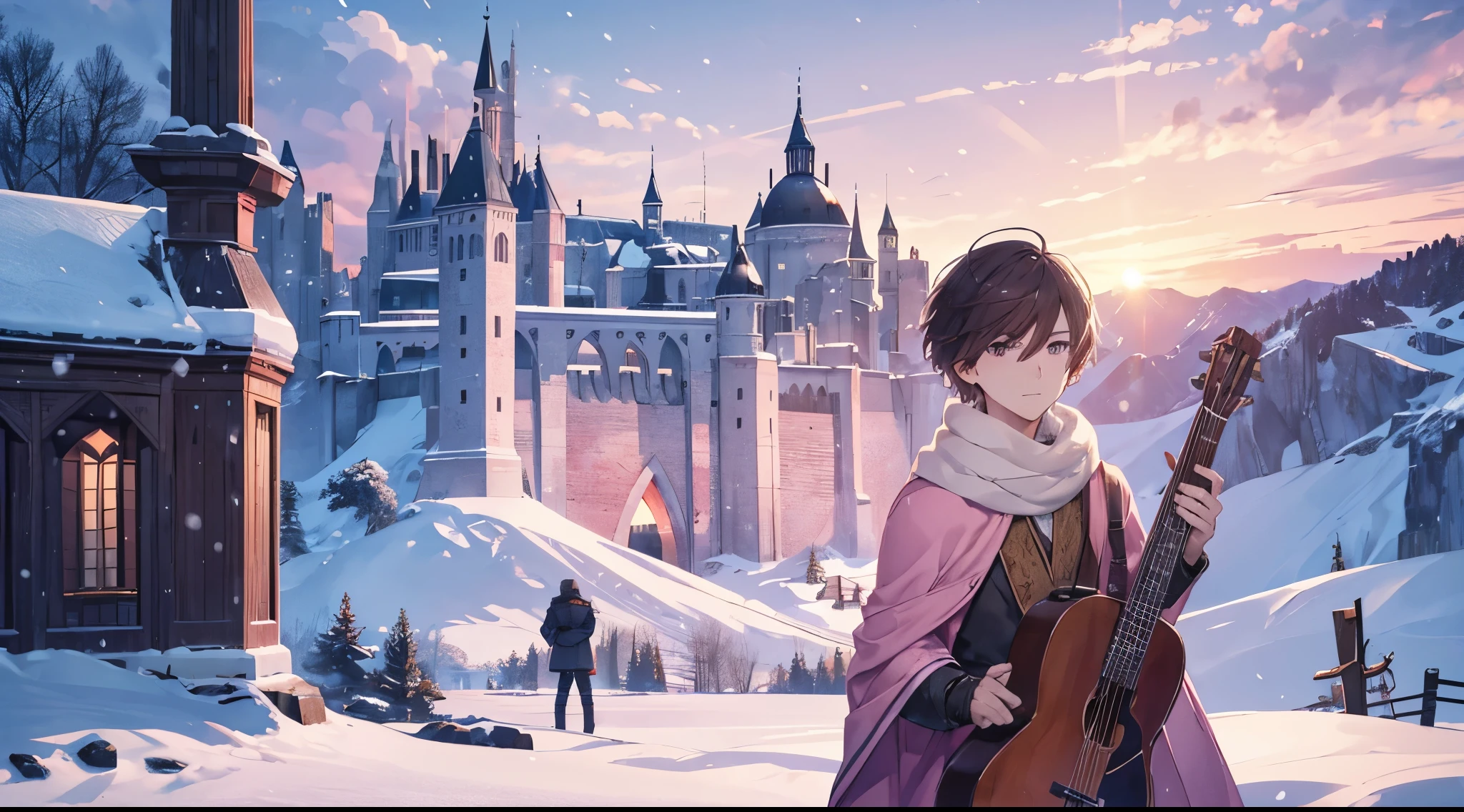 [[[ ultra-detailed, best quality]]] portrait, high definition, male bard, short hair, medium body built, winter bard clothes, winter castle, winter, fully pink skies, medieval city background, snow, party, 