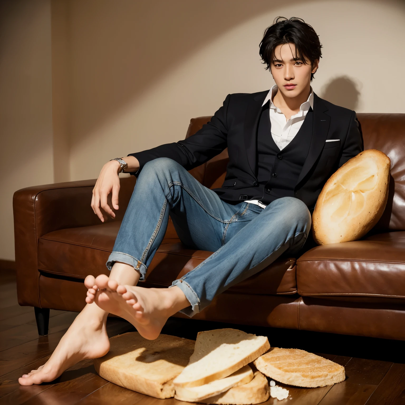 The handsome boy's dirty soles are stepping on pieces of bread