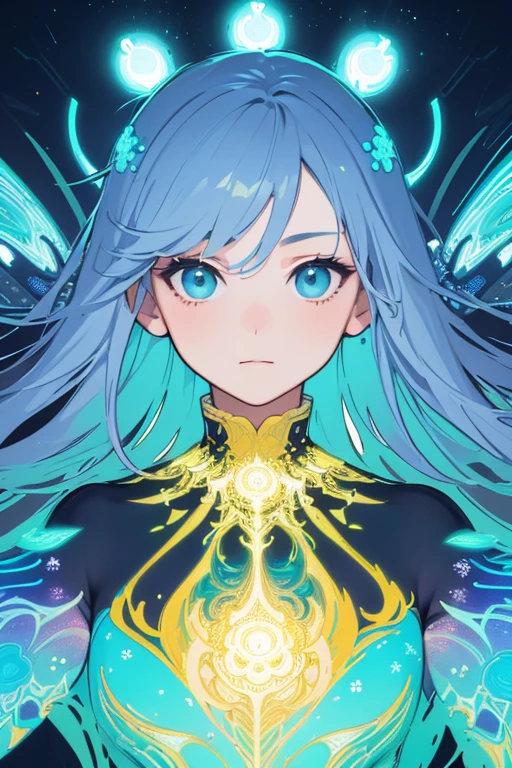 (masterpiece, best quality:1.2),(concept art、fractal art:1.5) ,(flat color:1.2),(2D:1.3),(fluorescence colour:1.5,colorful:1.2),fluorescence multicolored hair、looking at viewer,1girl,beautiful face,Gentle face,solo,upper body,floating colorful fluorescent lines,vivid color、fractal art、Symmetrical
