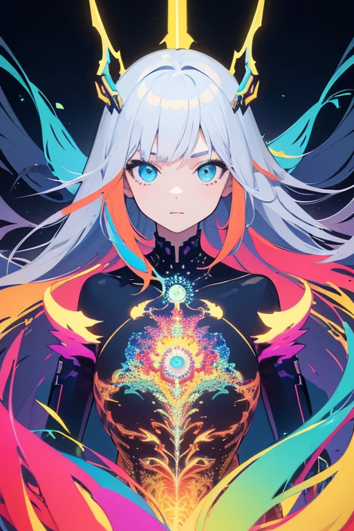 (masterpiece, best quality:1.2),(concept art、fractal art:1.5) ,(flat color:1.2),(2D:1.3),(fluorescence colour:1.5,colorful:1.2),fluorescence multicolored hair、looking at viewer,1girl,beautiful face,Gentle face,solo,upper body,floating colorful fluorescent lines,vivid color、fractal art、Symmetrical