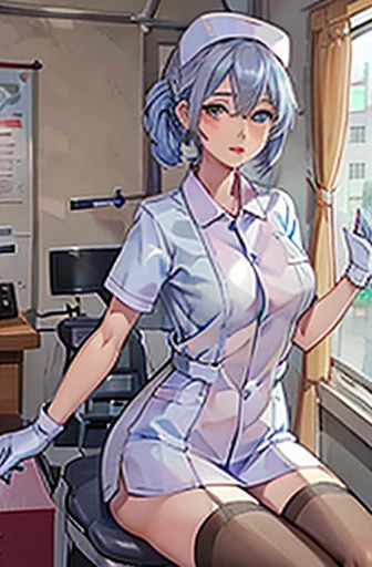 Blue nurse, 1womanl, Nurse, Nurse Cap, Blueware, ((Blue legwear, zettai ryouiki)), Black Elbow Gloves, Silver hair, Blue eyes, Sitting, ((surgery room)), sharp outline, Short sleeves, a matural female, 35 year old, Best Quality, masutepiece ,oversize boobs , latex uniform ,