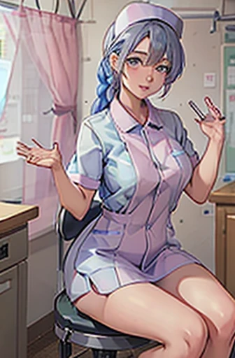 Blue nurse, 1womanl, Nurse, Nurse Cap, Blueware, ((Blue legwear, zettai ryouiki)), Black Elbow Gloves, Silver hair, Blue eyes, Sitting, ((surgery room)), sharp outline, Short sleeves, a matural female, 35 year old, Best Quality, masutepiece ,oversize boobs , latex uniform ,