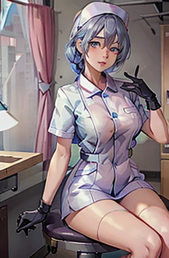 Blue nurse, 1womanl, Nurse, Nurse Cap, Blueware, ((Blue legwear, zettai ryouiki)), Black Elbow Gloves, Silver hair, Blue eyes, Sitting, ((surgery room)), sharp outline, Short sleeves, a matural female, 35 year old, Best Quality, masutepiece ,oversize boobs , latex uniform ,