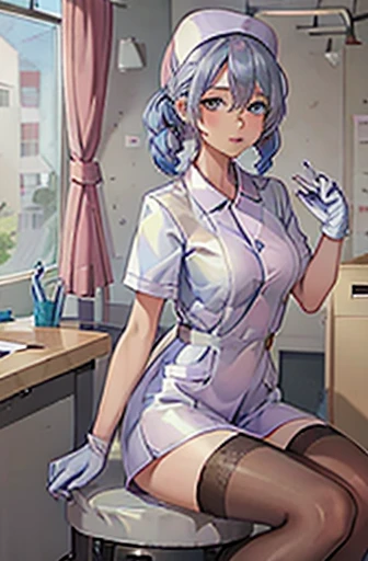 Blue nurse, 1womanl, Nurse, Nurse Cap, Blueware, ((Blue legwear, zettai ryouiki)), Black Elbow Gloves, Silver hair, Blue eyes, Sitting, ((surgery room)), sharp outline, Short sleeves, a matural female, 35 year old, Best Quality, masutepiece ,oversize boobs , latex uniform ,