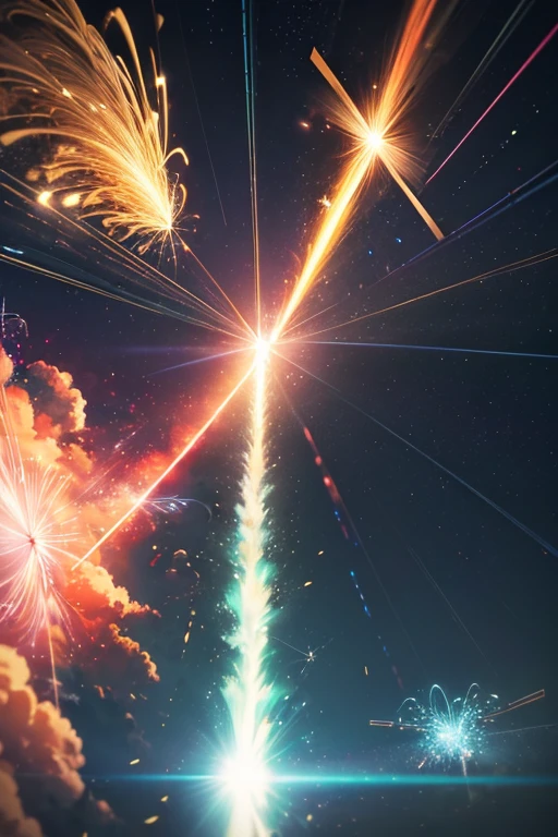 (best quality,4k,8k,highres,masterpiece:1.2),ultra-detailed,(realistic,photorealistic,photo-realistic:1.37),kites in the sky,lights in the sky,flying lasers,missiles explosions in the sky,dancing power lines,spore clouds in flight,condensation trails,flying particles,missiles,glare distortion,distorted flares,light streaks in the sky,drones in the sky,video glitches,enhanced flares,flying particles