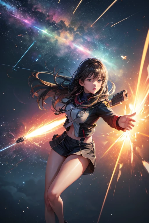 (best quality,4k,8k,highres,masterpiece:1.2),ultra-detailed,(realistic,photorealistic,photo-realistic:1.37),kites in the sky,lights in the sky,flying lasers,missiles explosions in the sky,dancing power lines,spore clouds in flight,condensation trails,flying particles,missiles,glare distortion,distorted flares,light streaks in the sky,drones in the sky,video glitches,enhanced flares,flying particles