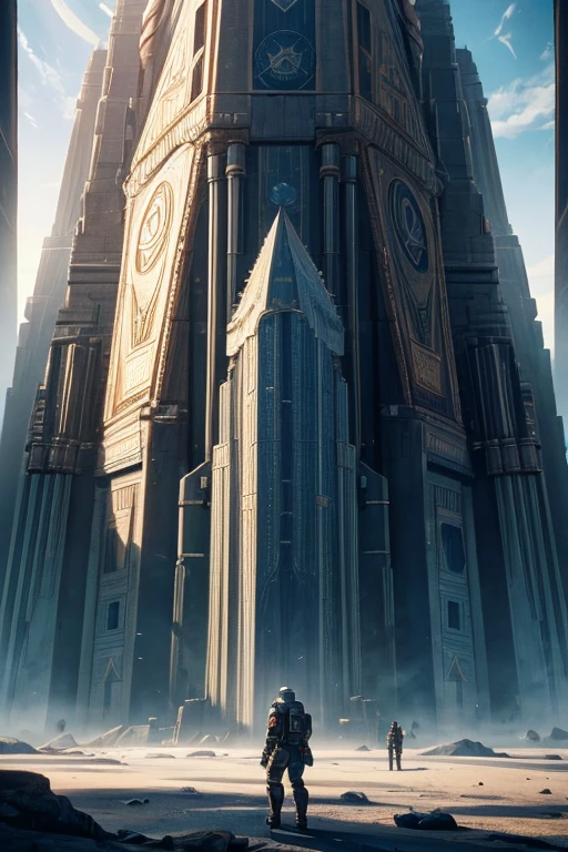 spacecraft在天空中飞翔,There is a big clock next to it, NieR Automata spaceship style, Epic mega buildings, megastructures, ancient giant building pyramid, 背景中的megastructures, Intact ancient alien spacecraft, giant aztec spaceship, spacecraft, spaceship in the movie dune, Imperial Savage Base, Midgar, sci-fi temple appearance