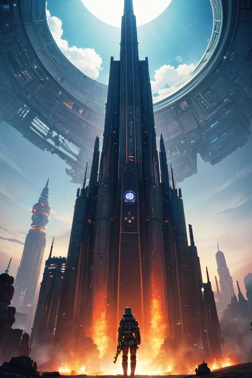 spacecraft在天空中飞翔，There is a big clock next to it, NieR Automata spaceship style, Epic mega buildings, megastructures, ancient giant building pyramid, 背景中的megastructures, Intact ancient alien spacecraft, giant aztec spaceship, spacecraft, spaceship in the movie dune, Imperial Savage Base, Midgar, sci-fi temple appearance