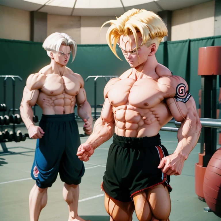 (Eine detaillierte Zeichnung von Trunks, bodybuilding gym.), shirtless, barefoot, fighting, stronger than any other, dominante Fight