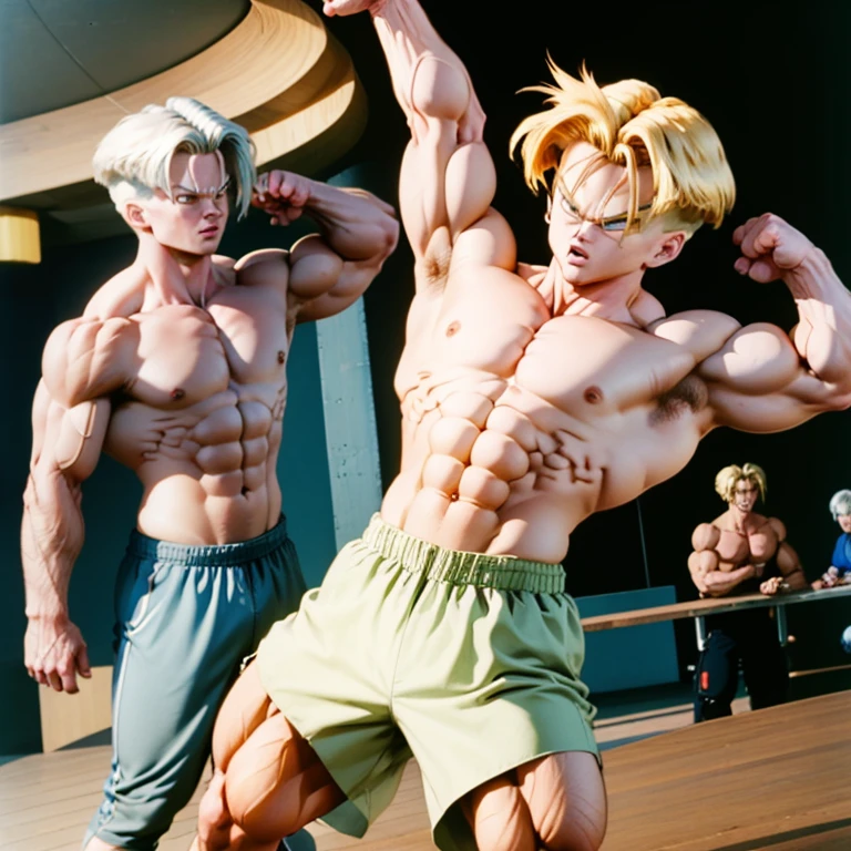 (Eine detaillierte Zeichnung von Trunks, bodybuilding gym.), shirtless, barefoot, fighting, stronger than any other, nte Fight