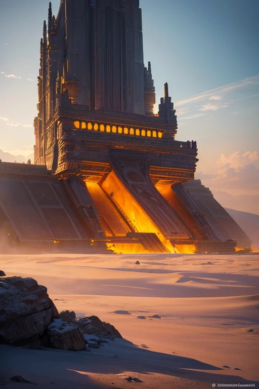 (best quality,4k,8k,highres,masterpiece:1.2),ultra-detailed,(realistic,photorealistic,photo-realistic:1.37), space ship flying in the sky, a huge bell next to it, Neil Mech Era spaceship style, epic giant architecture, giant structure, ancient giant pyramid, giant structure in the background, well-preserved ancient alien spaceship, giant Aztec spaceship, ancient space ship, space ship from the film "Dune", Imperial Barbarian Base, mythic Midgar, sci-fi temple exterior, vibrant colors, dreamy lighting