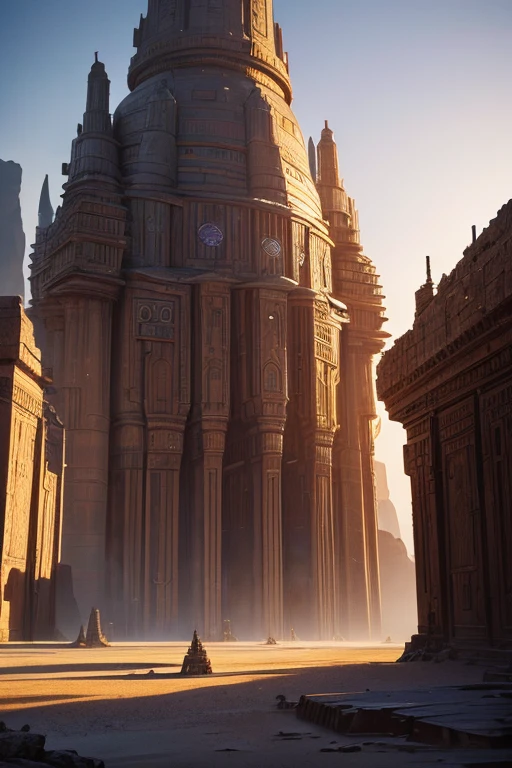 (best quality,4k,8k,highres,masterpiece:1.2),ultra-detailed,(realistic,photorealistic,photo-realistic:1.37), space ship flying in the sky, a huge bell next to it, Neil Mech Era spaceship style, epic giant architecture, giant structure, ancient giant pyramid, giant structure in the background, well-preserved ancient alien spaceship, giant Aztec spaceship, ancient space ship, space ship from the film "Dune", Imperial Barbarian Base, mythic Midgar, sci-fi temple exterior, vibrant colors, dreamy lighting