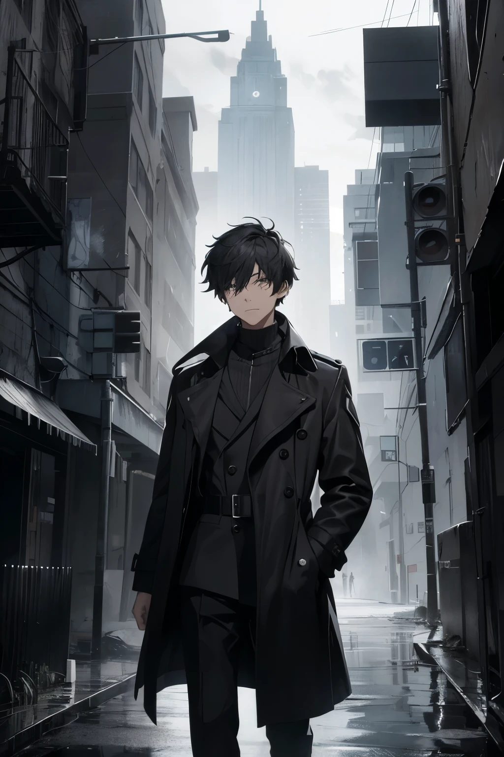 In the depths of the dark gray background, a boy emerges, standing tall at an imposing height of 1.75 meters. Two distinct scars mark his face – one lower on the right eye, adding a subtle yet menacing edge to his features, and another upper on the left, adding a hint of mystery. The boy wears a black trench coat that swallows him whole, its collar turned up to shield his face from the chilling wind. Beneath the trench coat, a high-neck sweater in gray and black stripes contrasts starkly against the dark backdrop. His stature exudes an air of strength and determination, making him an intriguing figure in this