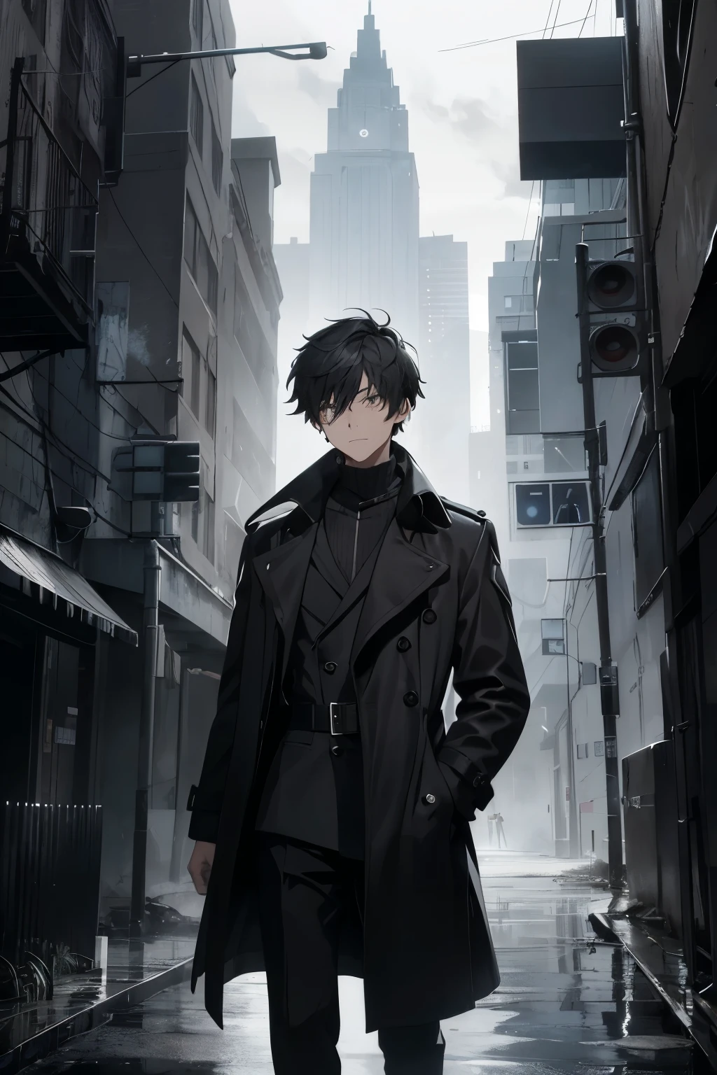 In the depths of the dark gray background, a boy emerges, standing tall at an imposing height of 1.75 meters. Two distinct scars mark his face – one lower on the right eye, adding a subtle yet menacing edge to his features, and another upper on the left, adding a hint of mystery. The boy wears a black trench coat that swallows him whole, its collar turned up to shield his face from the chilling wind. Beneath the trench coat, a high-neck sweater in gray and black stripes contrasts starkly against the dark backdrop. His stature exudes an air of strength and determination, making him an intriguing figure in this
