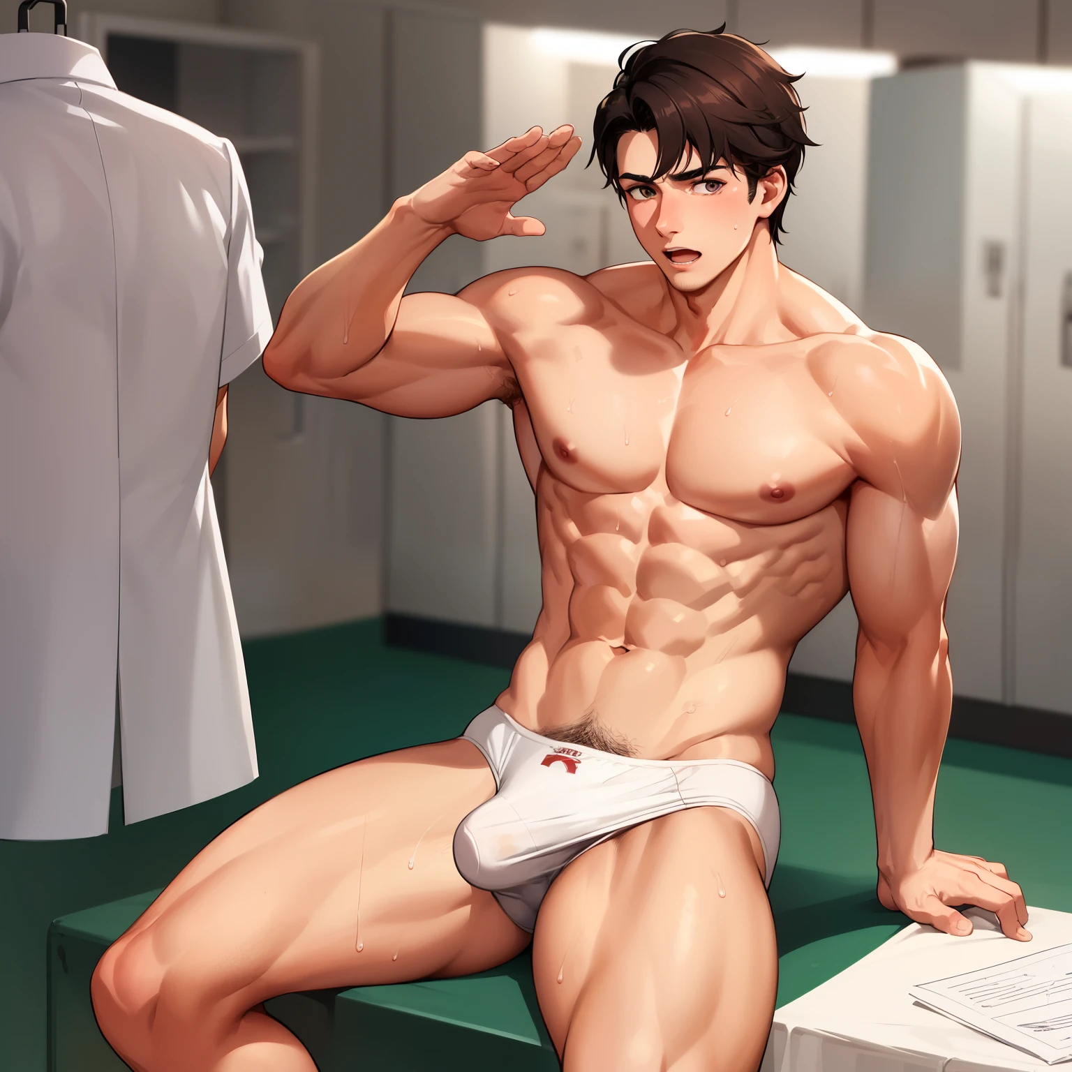 A handsome eighteen-year-old football player named Pablo Gavi sits on the floor of the locker room, showcasing his chiseled abs as he wears only his white underwear. His fit, Mediterranean latino body is a sight to behold, with not a single flaw in sight in this ultra-high definition, hyper-realistic representation. The whiteness of his skin glows in the dim locker room light, highlighting every muscle and vein on his sexy body. The underpants cling tightly to him, standing up proudly, as if saluting his youthful virility. young, 8k, no clothes, just underwear, underwear soaked with sweat