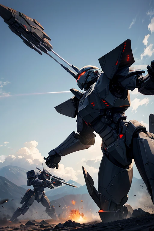 Spaceships fly in the sky，jets flying over, Armored Core 4, armor coreV, Mecha machine fires bullets, armor coreV, armor coreV on the ground, armor core, war mech battle, an armor core on the ground, anime bullet vfx, Metal Gear Machinery, Spaceship flying in the background, zone of enders, fighter drones