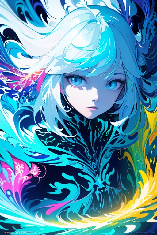 (masterpiece, best quality:1.2),(concept art、fractal art:1.5) ,(flat color:1.2),(2D:1.3),(fluorescence colour:1.5,colorful:1.2),fluorescence multicolored hair、looking at viewer,1girl,beautiful face,Gentle face,solo,upper body,floating colorful fluorescent lines,vivid color、fractal art、Symmetrical