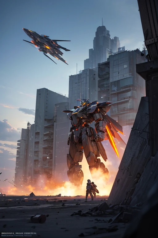 (a spaceship flies in the sky, a fighter jet flies over, armor core 4, armor core V, mecha machine launches bullets, armor core V, armor core V on the ground, armor core, war mecha battles, an armor core on the ground, anime bullet visual effects, metal gear mechanics, a spaceship flies in the background, the ender zone, combat drones)