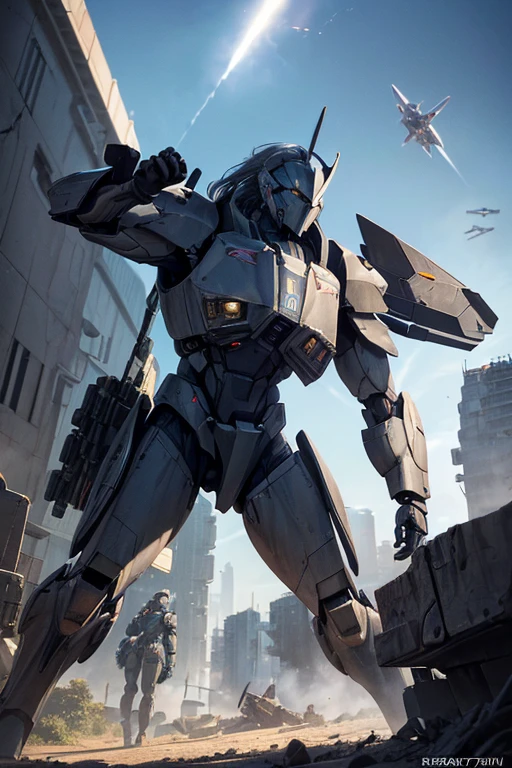 (a spaceship flies in the sky, a fighter jet flies over, armor core 4, armor core V, mecha machine launches bullets, armor core V, armor core V on the ground, armor core, war mecha battles, an armor core on the ground, anime bullet visual effects, metal gear mechanics, a spaceship flies in the background, the ender zone, combat drones)