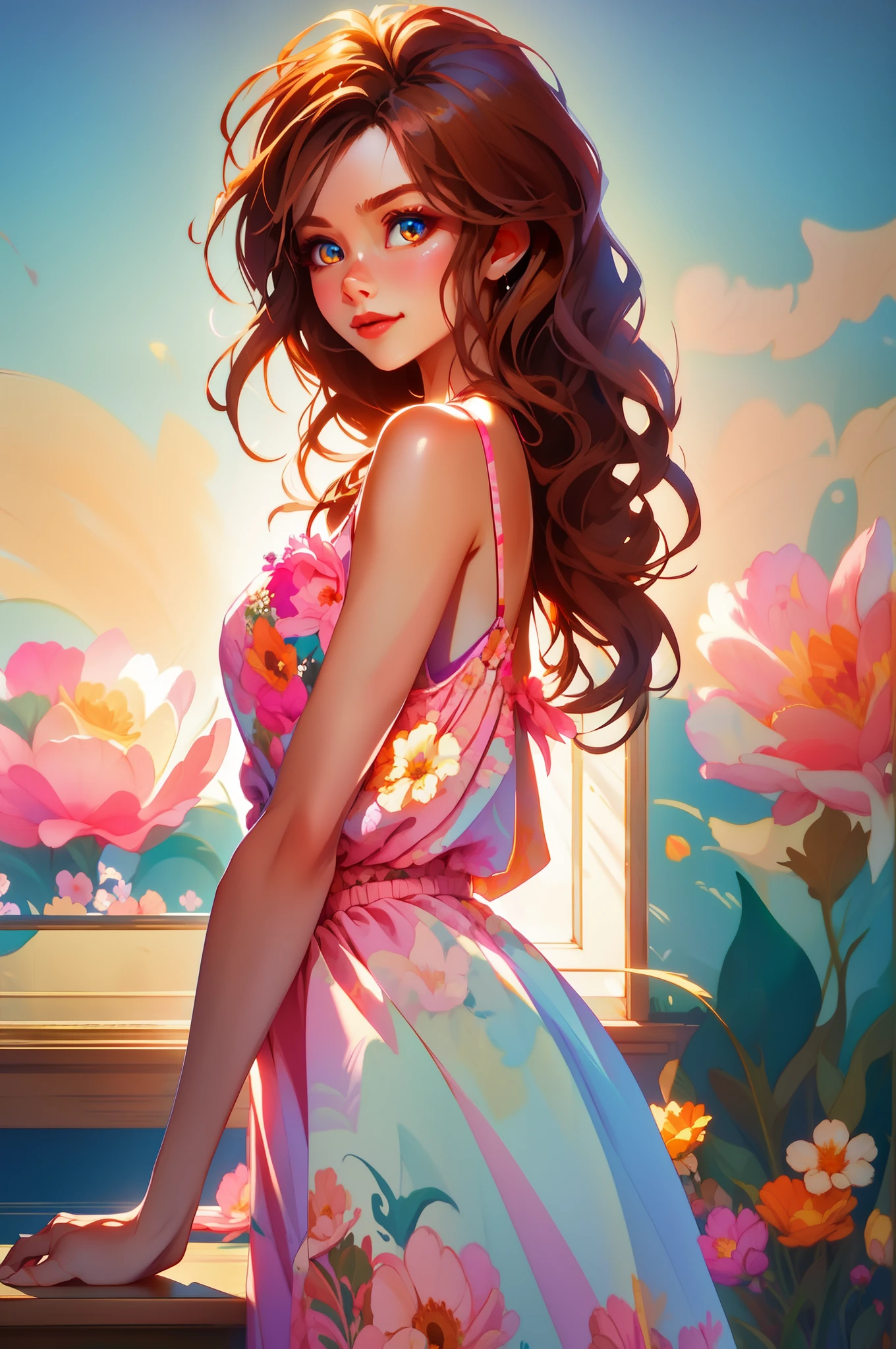 a pixar woman, captivating eyes, light brown hair, floral spaghetti strap dress, pink full mouth, best quality, njj5, (best quality:1.1), (masterpiece:1.4), (nonsense:1), ultra detailed, official art, masterpiece, (best quality:1.3), reflections, extremely detailed cg unity 8k wallpaper, detailed background