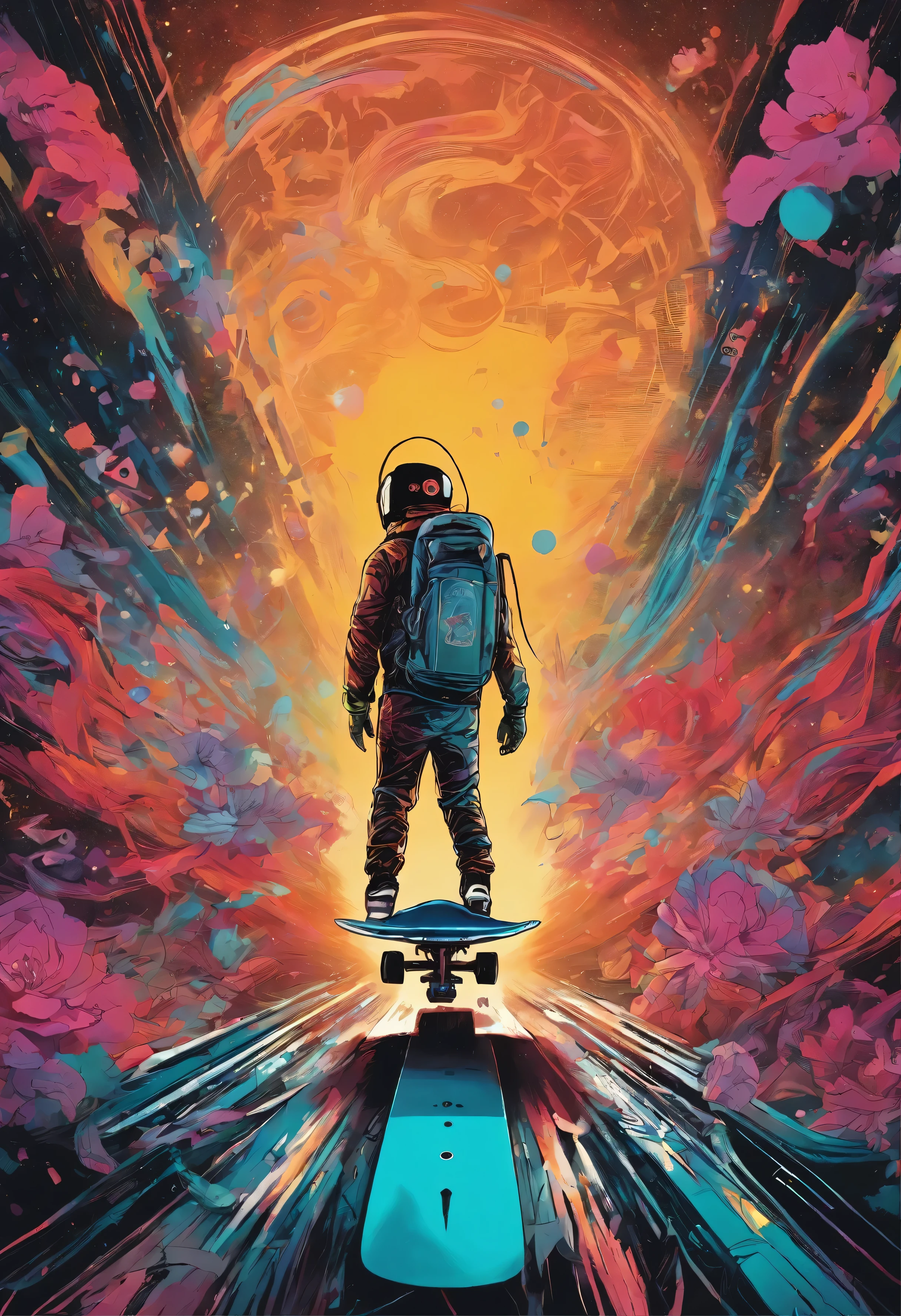 Title: "Skateboard Odyssey in Cosmic Bloom"

Description:

Step into a realm where the boundaries of space and skateboarding intertwine in this mesmerizing piece of abstract space art. Titled "Skateboard Odyssey in Cosmic Bloom," the painting is a visual feast that seamlessly blends elements of astronaut art, skateboard culture, and futuristic aesthetics.

At the center of the canvas, an astronaut-skater defies gravity with a daring leap, their legs skillfully balanced on a skateboard hovering over a dark floor adorned with a lush bed of vibrant flowers. The contrast between the astronaut's skateboarding prowess and the ethereal beauty of the cosmic flora creates a captivating visual narrative.

The scene is bathed in dramatic lighting, casting shadows that dance across the dark floor, highlighting the skater's half-body emerging from a mist of smoke and skateboard clothes. The realistic depiction of the skater is enhanced by the sharp focus on their form, showcasing intricate details such as stickers, Vans shoes, and a funky appeal that exudes street style.

Emitting diodes embedded in the skateboard illuminate the surroundings, creating a futuristic ambiance reminiscent of sci-fi classics like Blade Runner. The artist, Pascal Blanche Rutkowski, draws inspiration from hyperrealism, offering a 4K resolution feast for the eyes. The intricate details extend beyond the skater, featuring elements like a system unit, motherboard, sparks, and racks, creating a synergy between technology and the raw energy of sports.

The cosmic backdrop is punctuated by swirling smoke, enhancing the epic atmosphere of the artwork. Artillery-like elements contribute to the dynamism of the scene, as if the skater is navigating a celestial battlefield on their skateboard. The overall effect is a stunning fusion of abstract space art, sports wall art, and a futuristic dreamscape that transports the viewer into a realm where skateboarding transcends earthly boundaries.

"Skateboard Odyssey in 