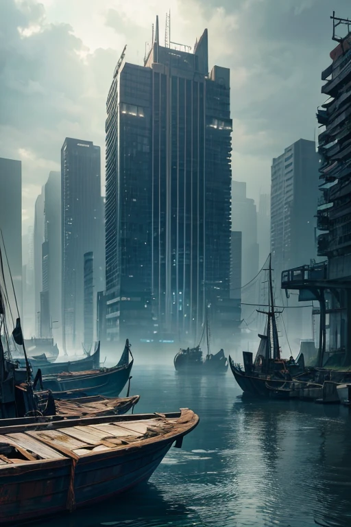A cityscape with multiple boats floating on the water in a dystopian setting. The water is murky, giving the scene an eerie atmosphere. The city is partially submerged, with tall futuristic buildings rising out of the water. The buildings have a steampunk aesthetic, with gears and pipes visible on their exteriors. The city is surrounded by a beautiful yet haunting landscape, with lush vegetation and overgrown trees filling the empty spaces. The overall color tone of the scene is desaturated with a cool blue tint, enhancing the dystopian feel. The lighting is dim and hazy, with rays of sunlight breaking through the thick fog. The image quality is of the best quality, with ultra-detailed and realistic elements. The boats are weathered and worn, with rusted metal and chipped paint. The scene exudes a post-apocalyptic vibe, with a sense of abandonment and mystery.