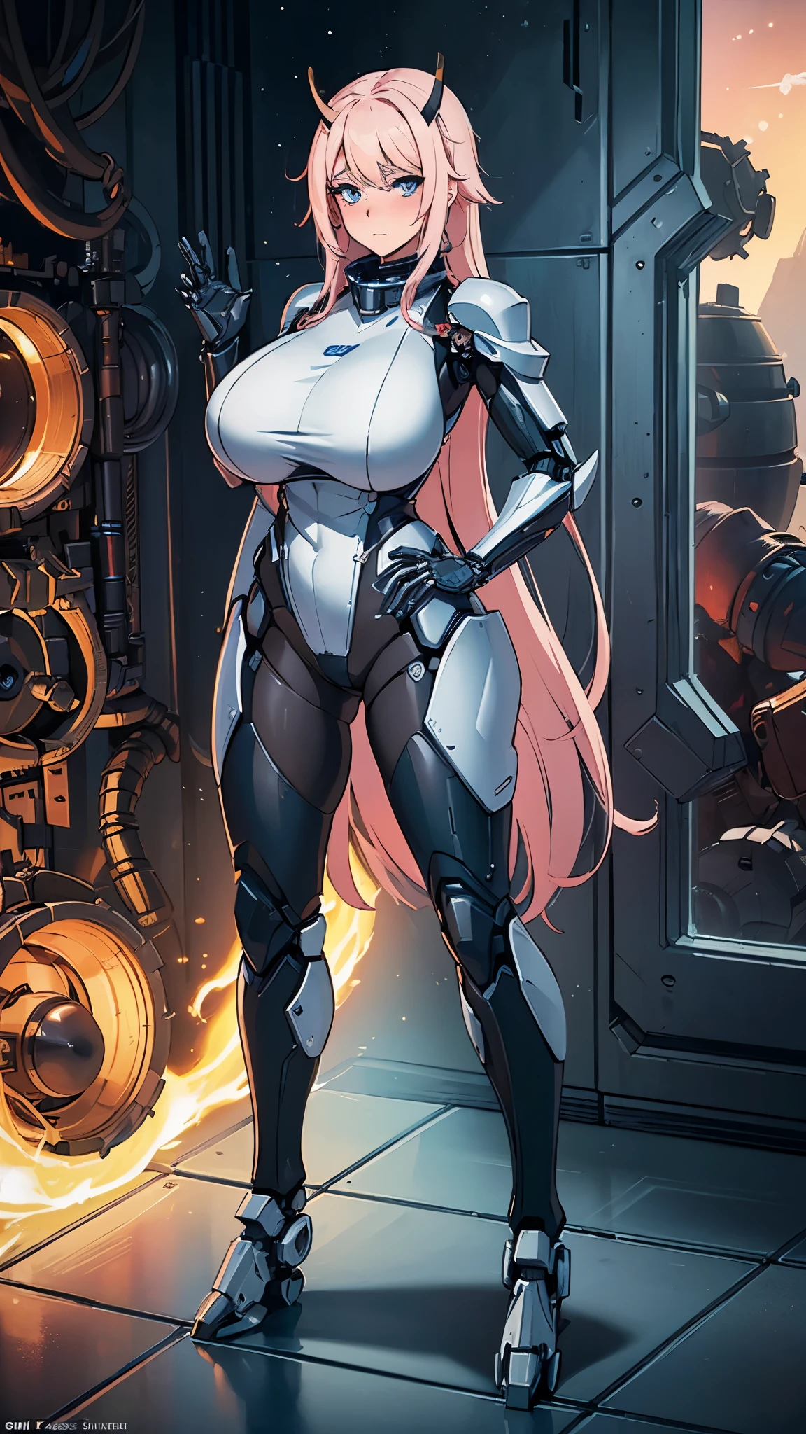 (full body photo:2), (one/woman/mechanic:1.8), (extremely large breasts:1.8), (all mechanical body:2), (with bionic armor:1.5), white with black gears, (she is inside a spaceship near the window seeing outer space:1.5), (she has very short purple straight hair:1.2), (blue eyes:1.2), (moaning:1.5), (blush:1.5), (is doing sensual poses standing up for the viewer:1.5),    anime style, Anime, 16k, high quality, textured skin, UHD, award-winning