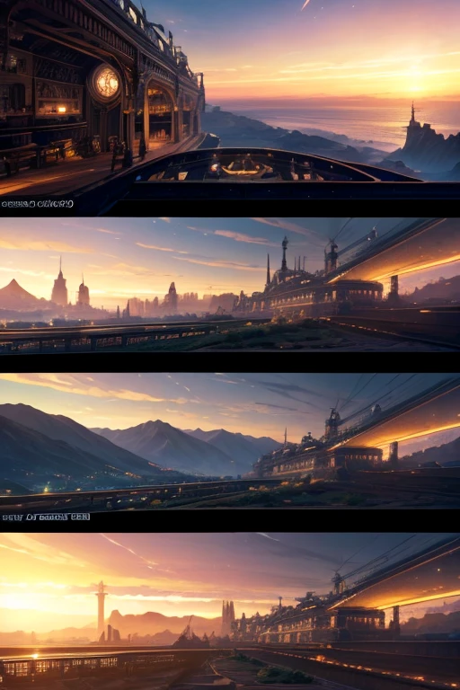 Mirrored shot of train passing through tunnel, steampunk airships fly overhead, NieR Automata spaceship style, Steampunk style airship, epic spaceship scene, Detailed cinematic footage, Complex machines in space, Highly detailed and ultra-realistic visuals, wormhole, Surreal sci-fi set design, movie opening shot, establishing shot, dream sequence. apprentice