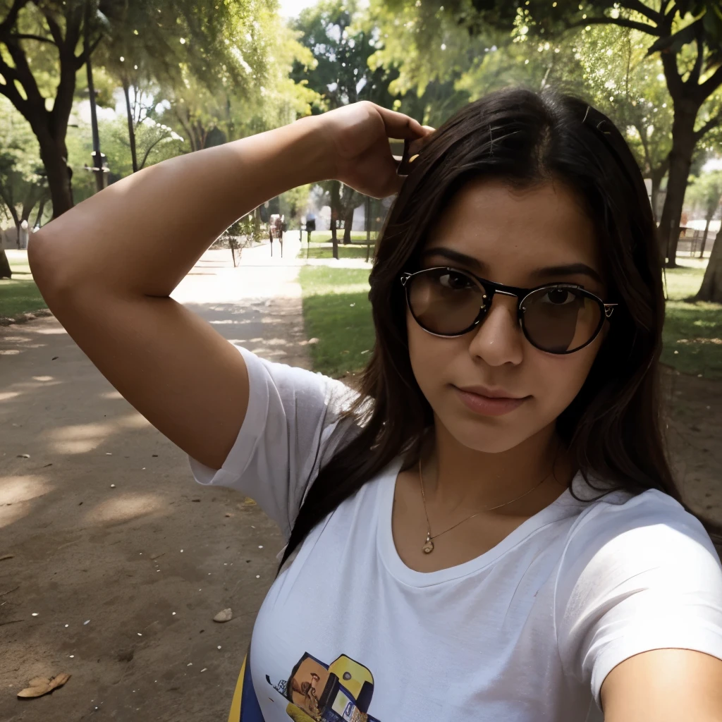Generar selfi de chica colombiana en un parque con lentes oscuros