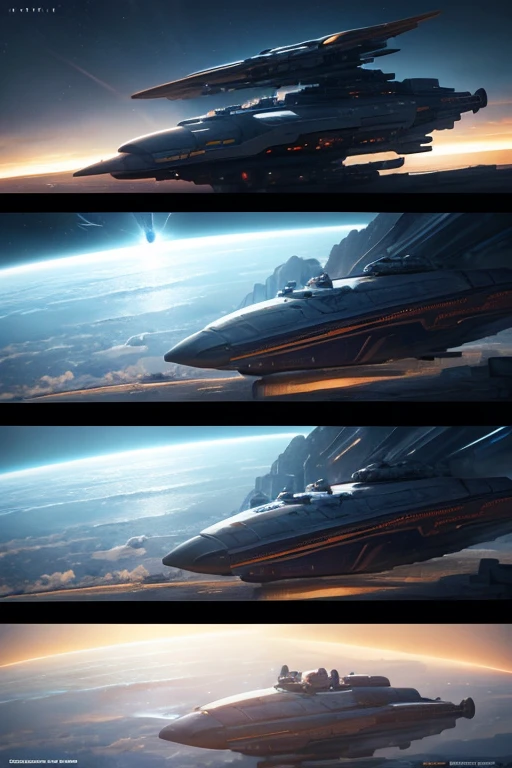 Spaceship flies through tunnel with sky background, epic spaceship scene, NieR Automata spaceship style, spaceship in the movie dune, Detailed shots, Sci-fi spaceships in battle, HD visual effects-9, Alien spaceship flying in space, Spaceship flies into the distance, star citizen halo, industrial human spaceship, Star Wars movie screenshots